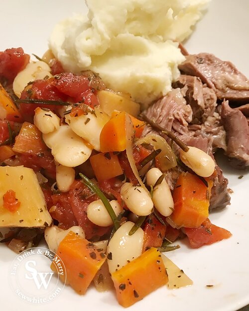 Easy Slow Cooker Lamb Stew made with mash potato, carrots and butterbeans