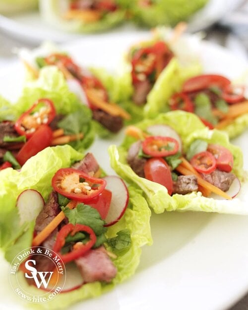 Lettuce wraps filled with healthy vegetables and steak