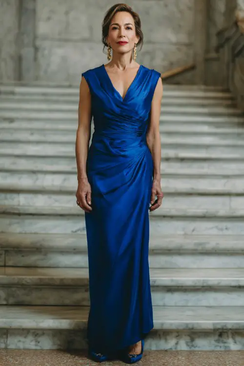 A woman over 50 wears a royal blue gown with a draped neckline, slight shimmer detail, and structured shoulders, styled with chandelier earrings and matching shoes