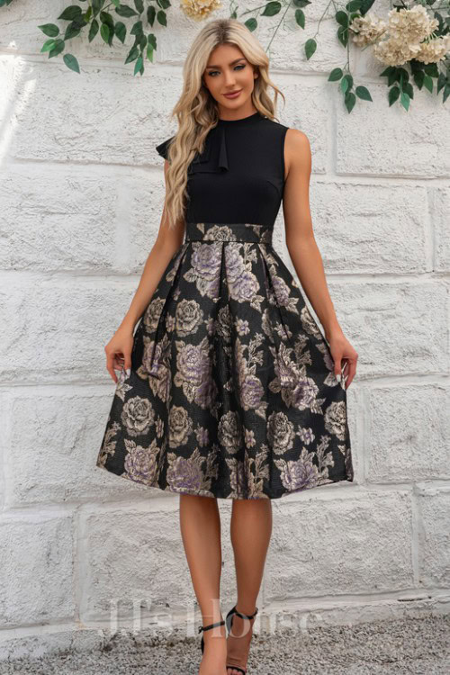 Pleated High Neck Sleeveless A-line Jacquard Stretch Crepe Midi Dress