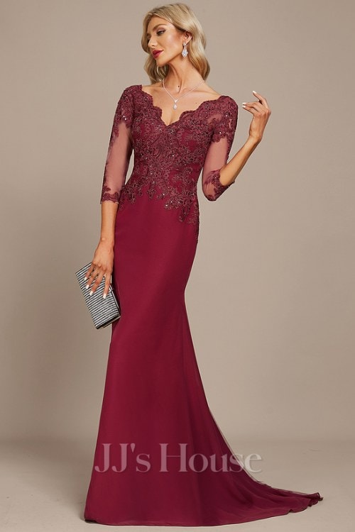 TrumpetMermaid V-Neck Sweep Train Lace Chiffon Evening Dress With Sequins