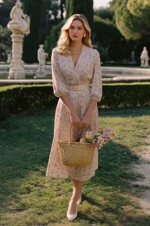 a woman wears an old money floral dress with white flats