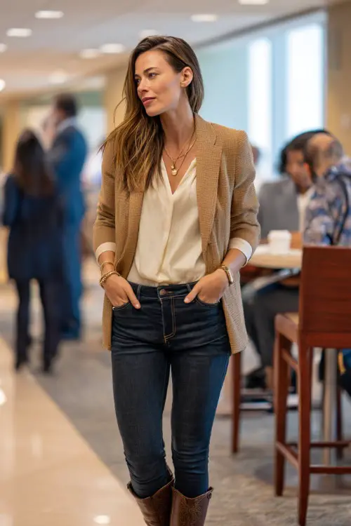 A woman in a tan blazer over a cream blouse and dark jeans, accessorized with subtle jewelry and ankle boots, chatting with coworkers near the office break area