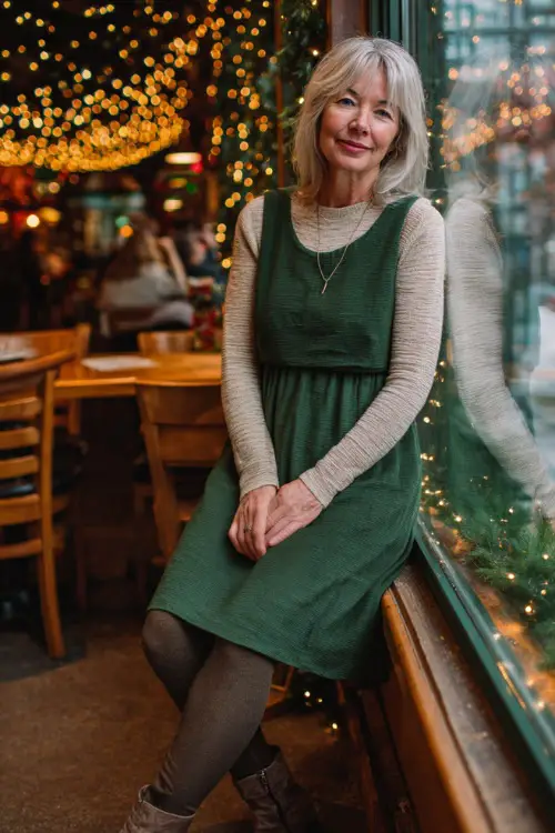 A woman over 50 wears a forest green A-line jumper dress layered over a cream knit top, wool tights, heeled ankle boots 