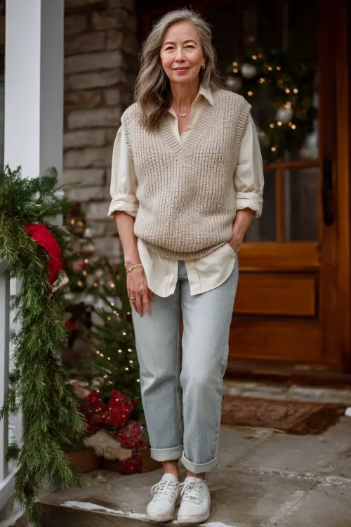 A woman over 50 wears a soft champagne knit vest layered over a cream shirt, relaxed jeans, white low-heel sneakers 