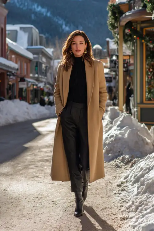 A woman wears a camel cashmere coat over an all-black knit co-set, leather boots with a heel, small gold hoop earrings, elegant snowy street Christmas photoshoot background 