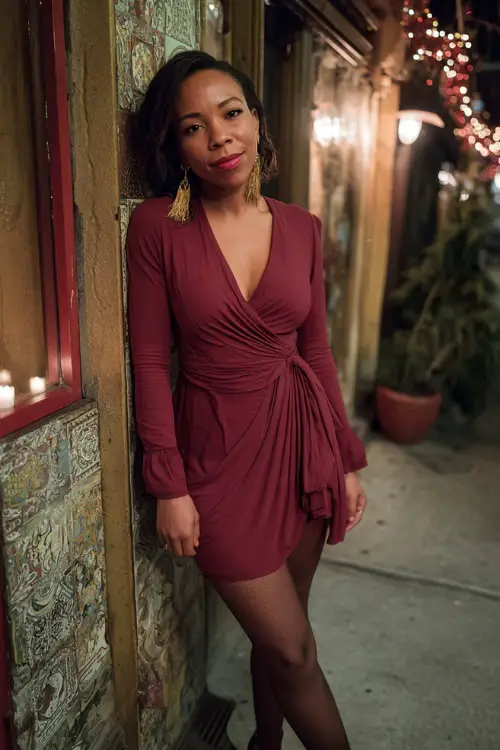 A Black woman over 30 wears a deep red wrap dress with long sleeves, sheer tights, gold earrings, and heeled boots 