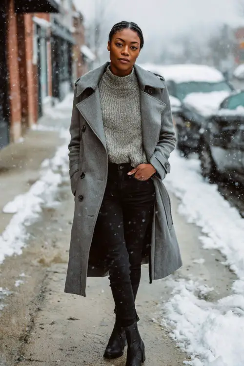 A Black woman wears a chic gray sweater layered under a belted wool trench coat, paired with black skinny jeans and polished ankle boots 