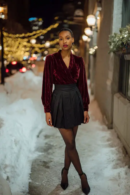 A Black woman wears a luxurious burgundy velvet top with long sleeves, paired with a black pleated skirt, tights, and ankle-strap heels
