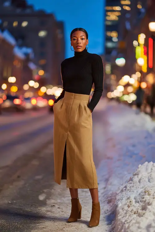 A Black woman wears a sleek black turtleneck sweater tucked into a camel wool midi skirt, paired with heeled ankle boots and a long tailored coat 