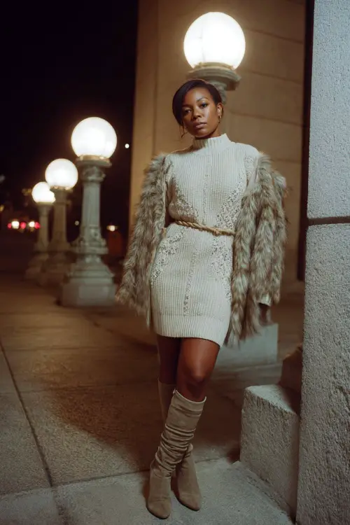 A curvy Black woman wears a cream ribbed sweater dress with a belted waist, paired with knee-high suede boots and a chic faux-fur jacket 