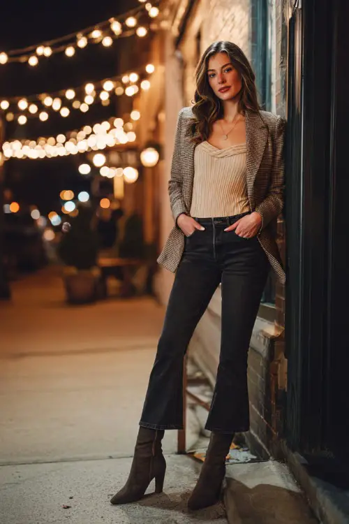 A woman over 30 wears a beige ribbed top tucked into dark straight-leg jeans, paired with tall heeled boots and a structured blazer