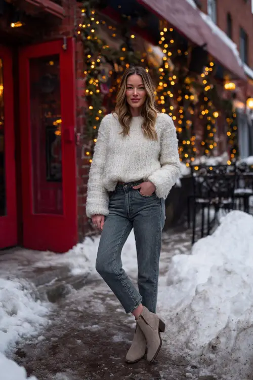 A woman wears a cozy white knit sweater with medium-wash jeans, suede ankle boots, and a faux-fur jacket, posing on a snowy sidewalk in front of a romantic dinner spot