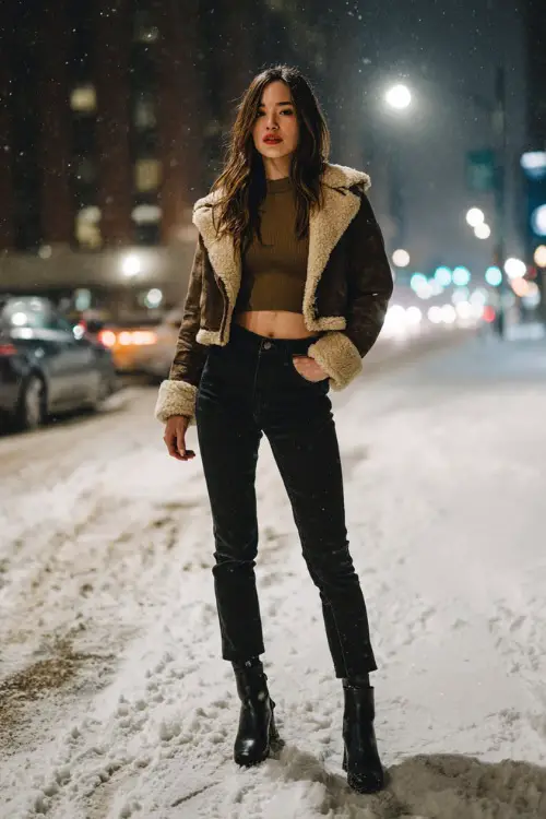 A woman wears a fitted long-sleeve top layered under a cropped shearling jacket, paired with black jeans and sleek ankle boots, standing on a snowy city block at night 