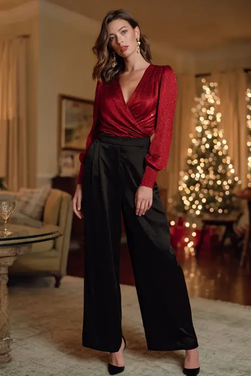 A woman wears a red silk blouse with subtle shimmer tucked into wide black trousers, delicate earrings, and black heels, standing full body in a festive living room party with soft string lights