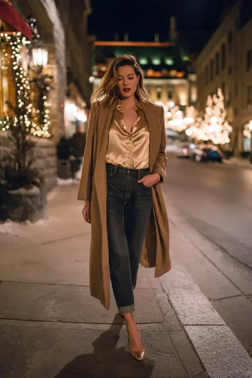 A woman wears a silky champagne blouse tucked into dark denim, paired with pointed heels and a wool wrap coat