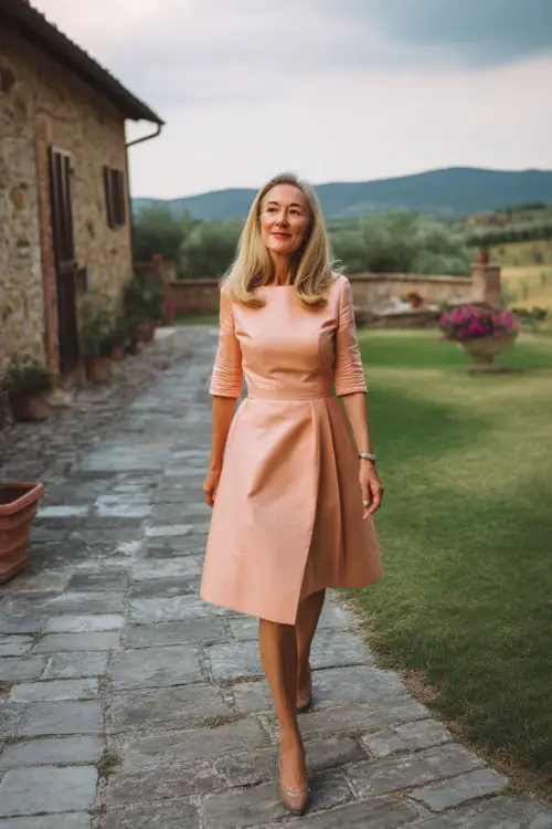 A classy woman over 50 wearing a pastel peach fit-and-flare dress with elbow-length sleeves and flats, walking along a cobblestone path at a small countryside spring wedding 