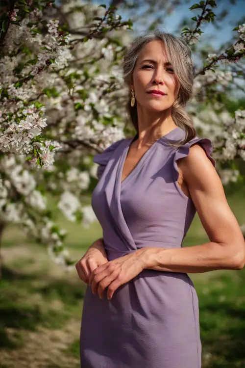 A confident woman over 50 in a knee-length lavender dress with a fitted waist and soft ruffle sleeves, standing under a blooming cherry blossom tree at a spring wedding 