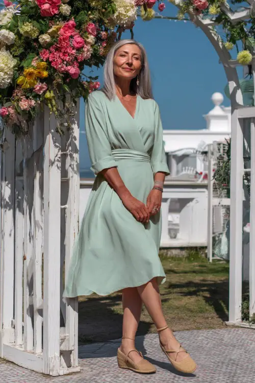 A fashionable woman over 50 wearing a flowy mint green wrap dress with elbow-length sleeves and espadrille wedges, posing near a white wooden arch decorated with spring flowers