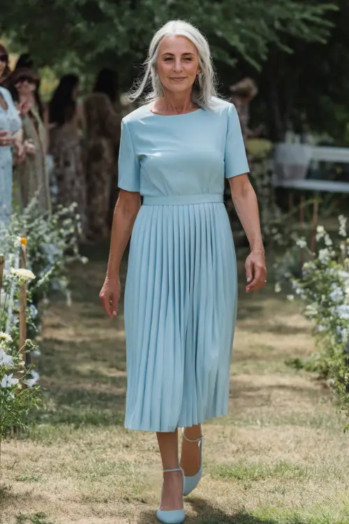 A graceful woman over 50 in a pastel blue pleated midi dress with short sleeves and block heels, walking down a simple flower-lined aisle in a backyard spring wedding setting