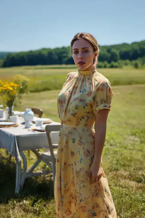 A woman over 50 in a floral print midi dress with a high neckline and short sleeves, standing in a sunny open field with a simple table and chairs set up for a spring wedding brunch 