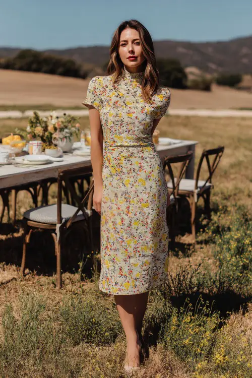 A woman over 50 in a floral print midi dress with a high neckline and short sleeves, standing in a sunny open field with a simple table and chairs set up for a spring wedding brunch