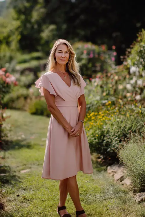 A woman over 50 in a light pink midi dress with short flutter sleeves and sandals, standing on a grassy path at a spring garden wedding with blooming flowers in the background