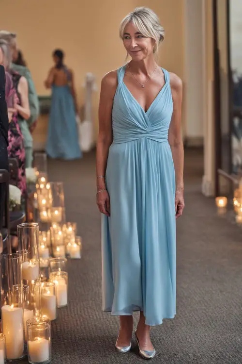 A woman over 50 in a powder blue chiffon dress with a V-neckline and empire waist, styled with silver flats, standing near an indoor wedding aisle decorated with candles