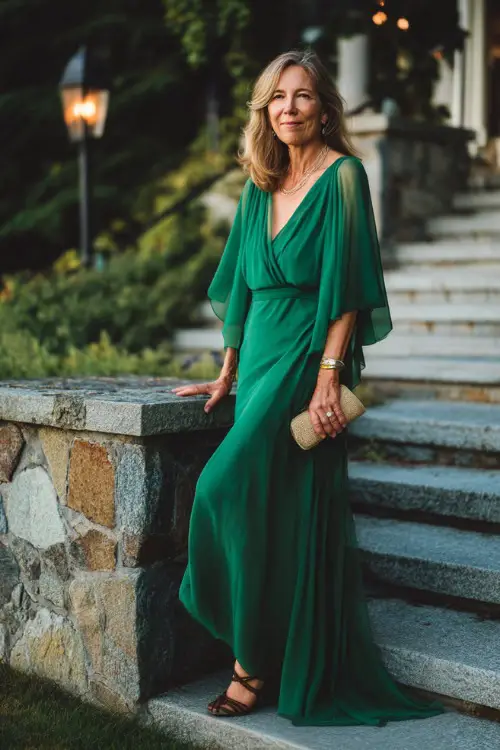 Stylish woman over 50 in a flowy emerald green gown with flutter sleeves, standing on stone steps at an evening wedding full body, soft golden hour light 
