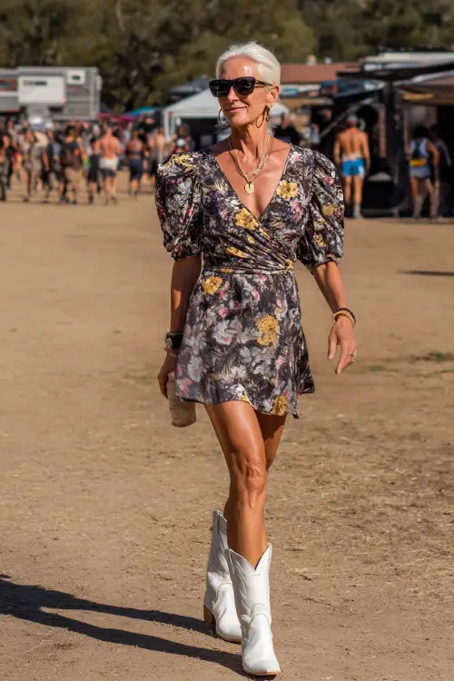 A confident woman over 40 in a floral wrap dress with puff sleeves and white short cowboy boots, styled with a simple gold pendant and oversized sunglasses 
