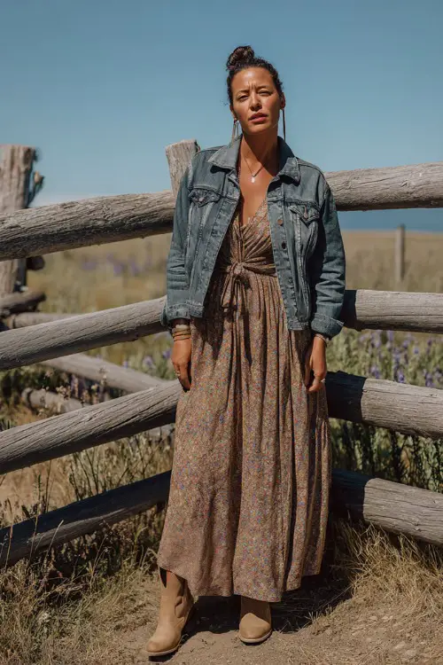 A stylish woman over 40 wearing a flowy boho maxi dress in earthy tones, a denim jacket tied at the waist, and suede cowboy boots
