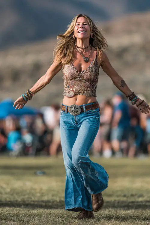 A woman over 40 in flare jeans, a tucked-in crochet tank, a concho belt, and distressed leather boots, with tousled hair and stacked bracelets 
