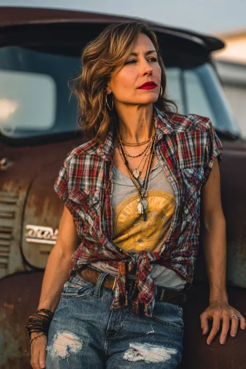 A woman over 40 styled in distressed jeans, a tied plaid shirt, a graphic tee underneath, and classic brown cowboy boots, accessorized with layered necklaces and a bold red lip