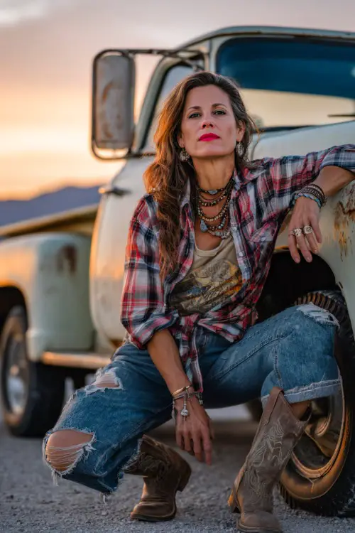 A woman over 40 styled in distressed jeans, a tied plaid shirt, a graphic tee underneath, and classic brown cowboy boots