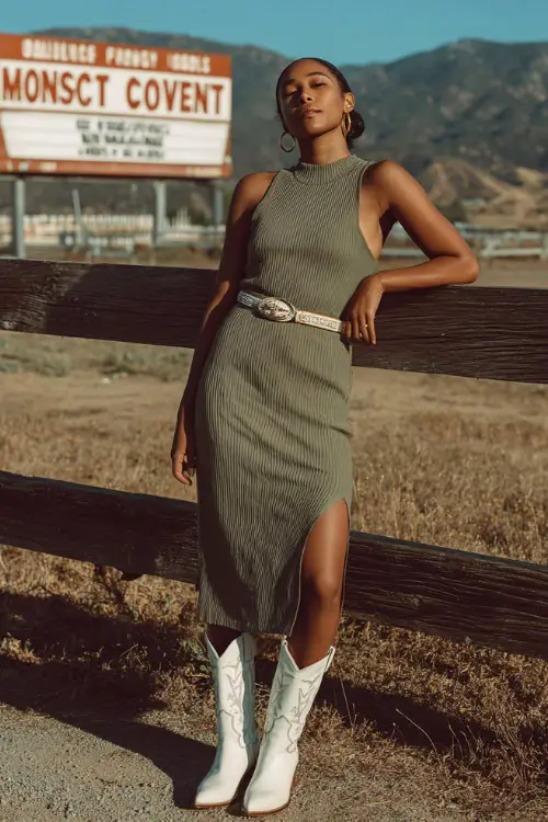 A woman over 40 wearing a simple ribbed tank midi dress with a slit, western belt, and white cowboy boots, with gold hoop earrings and a low bun