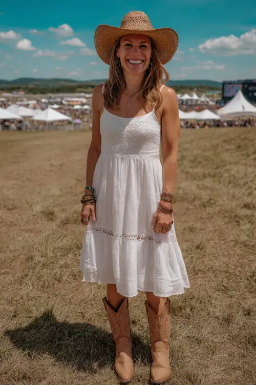 A woman over 40 wearing a sleeveless white cotton midi dress with eyelet details and tan cowboy boots, accessorized with a straw hat and layered bracelets 