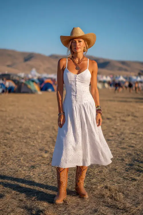 A woman over 40 wearing a sleeveless white cotton midi dress with eyelet details and tan cowboy boots