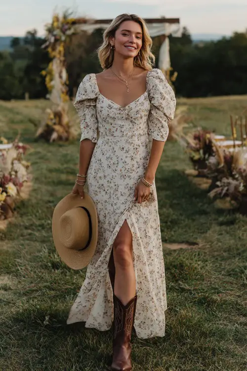 A woman wearing a white floral print maxi dress with a high slit and puff sleeves, styled with brown knee-high western boots and a straw hat in hand 
