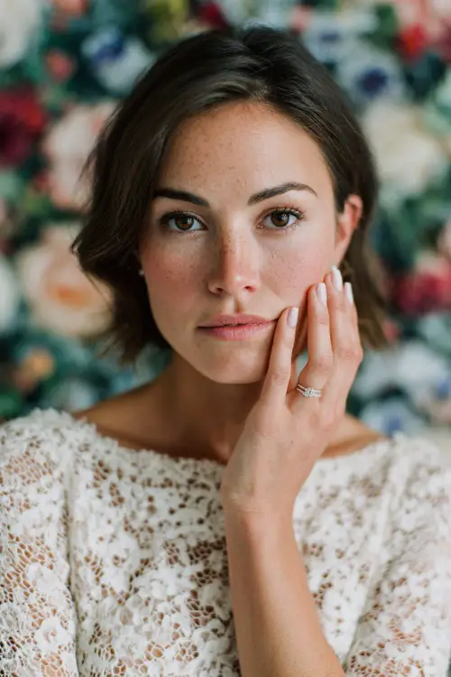 Bride gently touching her cheek, short square nails in pale ivory with a single mini gem on each ring finger, soft light against a floral backdrop
