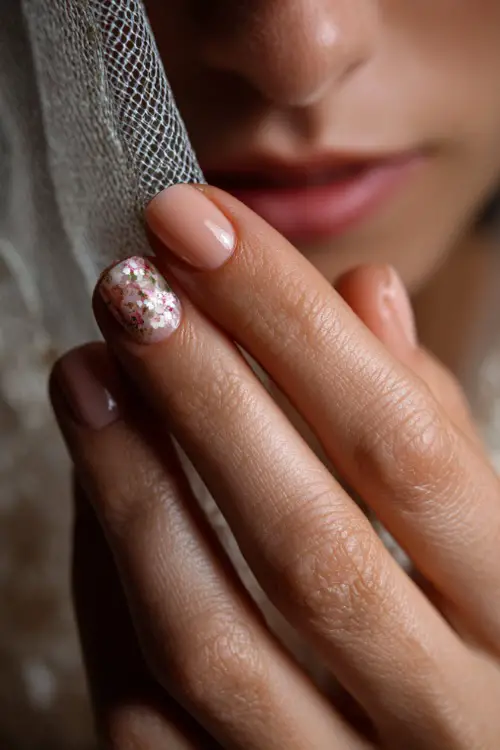 Bride’s hand delicately touching veil, short natural-shaped nails in soft pastel peach with one accent nail featuring floral stamping 