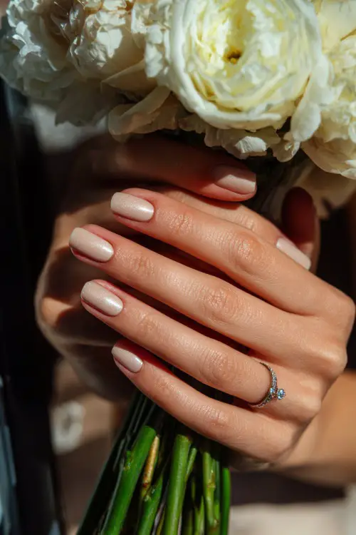 Bride’s hand holding bouquet stem, short light taupe nails with shimmer topcoat and single rhinestone on the index finger, soft daylight filtering through 
