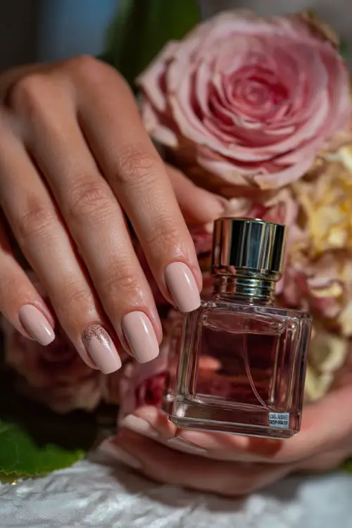 Bride’s hand placed beside vintage perfume bottle, short ballerina nails in creamy blush with rose gold foil on one accent finger, elegant still life backdrop