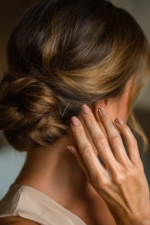 Bride’s hand placing hairpin into bun, short rounded nails in matte rose beige with gold flake on two accent fingers
