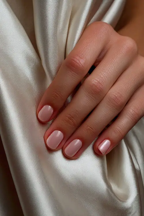Close-up of a bride’s hand resting on silk fabric, short rounded nails painted soft blush pink with a glossy finish 