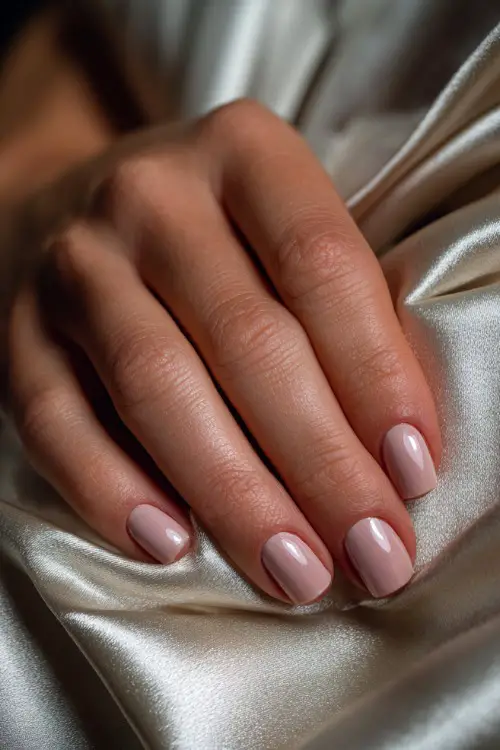 Close-up of a bride’s hand resting on silk fabric, short rounded nails painted soft blush pink with a glossy finish, timeless and elegant 