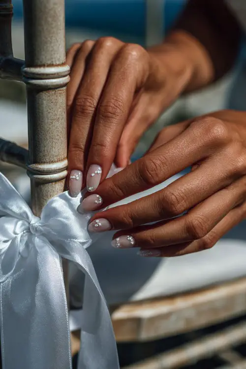 Hand adjusting ribbon on wedding chair, short milky white nails with one transparent nail featuring tiny white dot flowers, outdoor ceremony setup