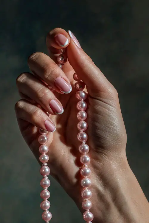 Hand gently lifting a pearl necklace, short rounded nails painted sheer pink with white French micro tips, simple and classic