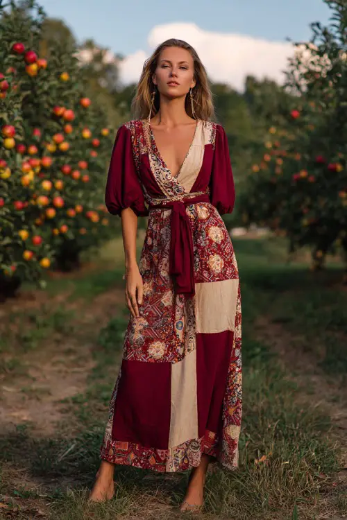Woman in a burgundy and cream patchwork boho maxi dress with puff sleeves and a tie belt, posing in an orchard filled with ripe apples and orange leaves 