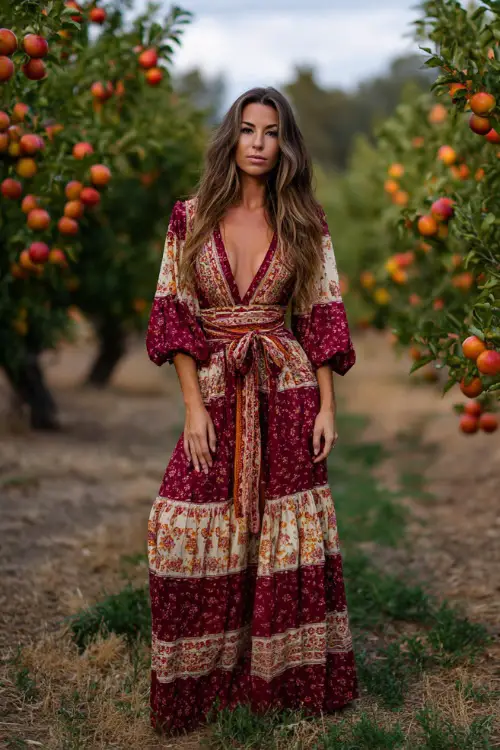 Woman in a burgundy and cream patchwork boho maxi dress with puff sleeves and a tie belt, posing in an orchard filled with ripe apples and orange leaves
