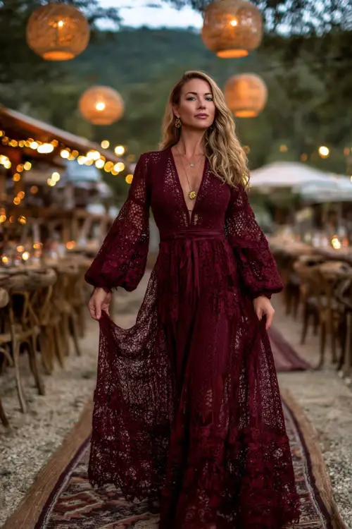Woman in a deep burgundy crochet-lace boho maxi dress with bishop sleeves, barefoot on a woven rug aisle in an outdoor October wedding setting 